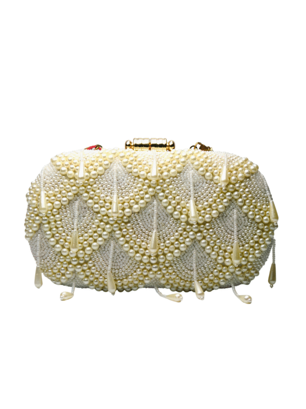 Royal White Pearls Embroidery Clutch - Image 3