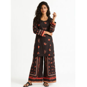 co ord set, black floral print, round neck kurti