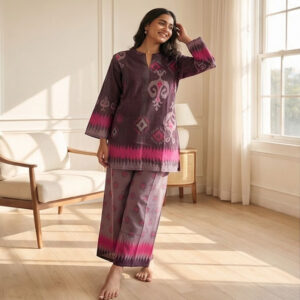 women's brown & pink ikat printed long sleeve kurta