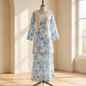 women coord set, white with blue floral print, top and pants
