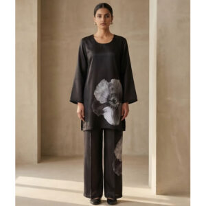 women coord set, black, floral print, long sleeve tunic with wide leg trousers