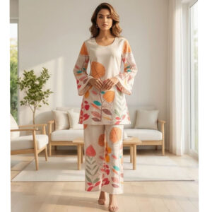 women coord set, floral leaf print, with palazzo pant
