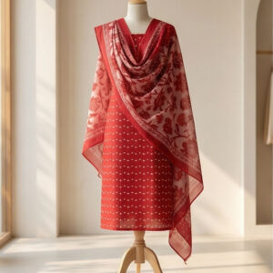 unstitched cotton salwar suit, red with white leaf print