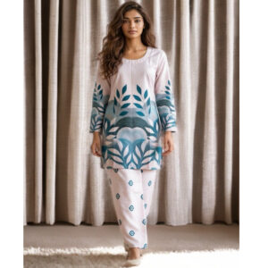 white rayon co ord set, kurti style top with pant